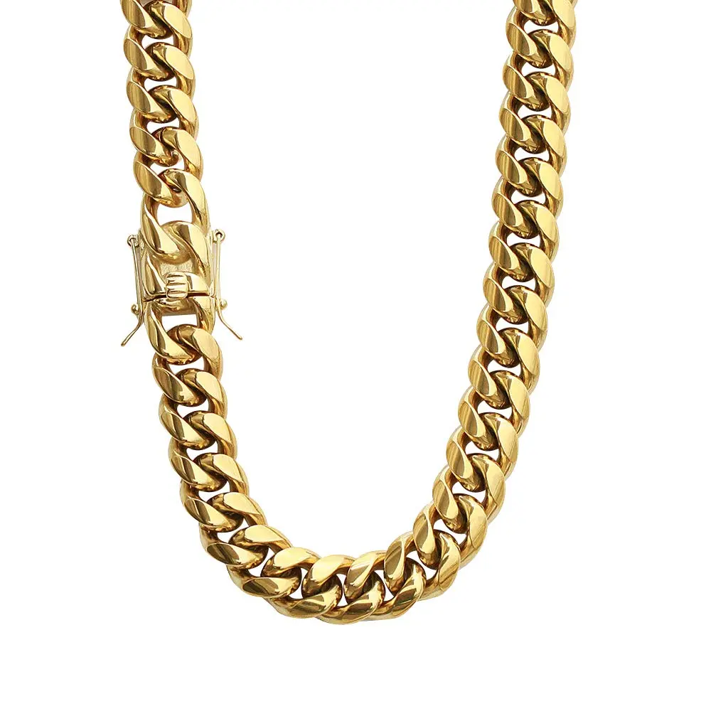 PY BLING Men's 12mm Miami Cuban Link Chain Necklace 26 Inch (66cm) | Heavy Gold Plated Stainless Steel - main product image