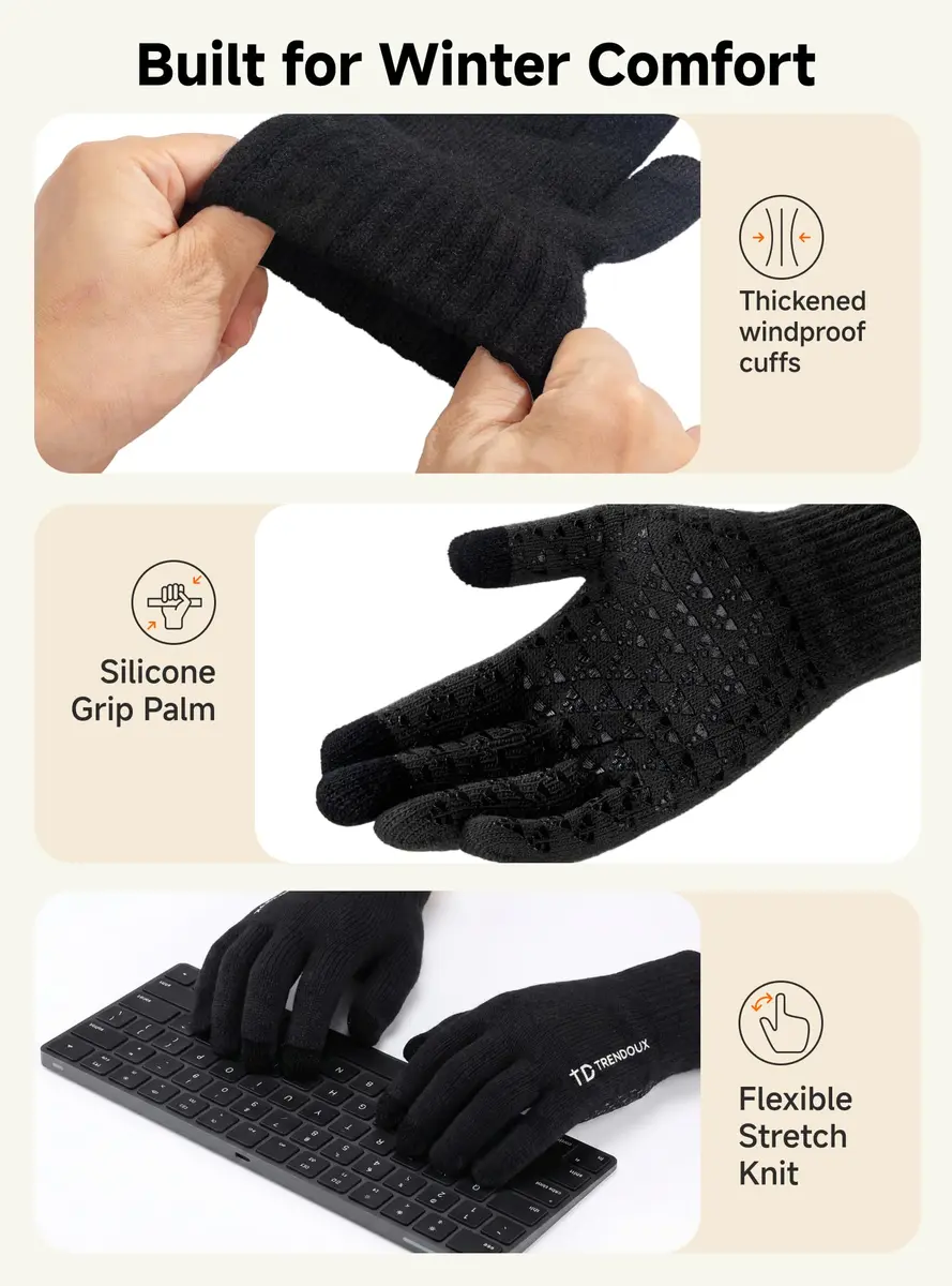 TRENDOUX Knit Touch Screen Gloves for Women & Men | Black, Medium | Warm Lined, Anti-Slip Grip - view 6