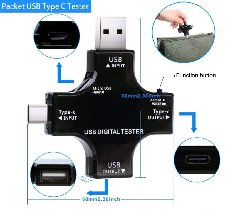Eversame USB Power Meter Tester 2 in 1 Type C Digital Multimeter 60mm x 60mm x 11mm | Monitors Charging Performance - view 5