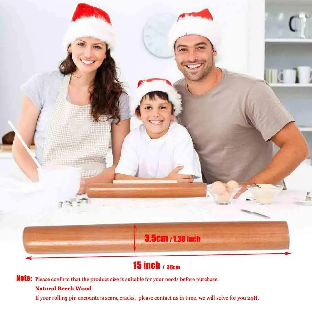 iPstyle Professional Beech Wood Rolling Pin 39.7cm (15-3/4 Inch) | Smooth Dough Roller for Pizza, Pasta, Cookies - view 2
