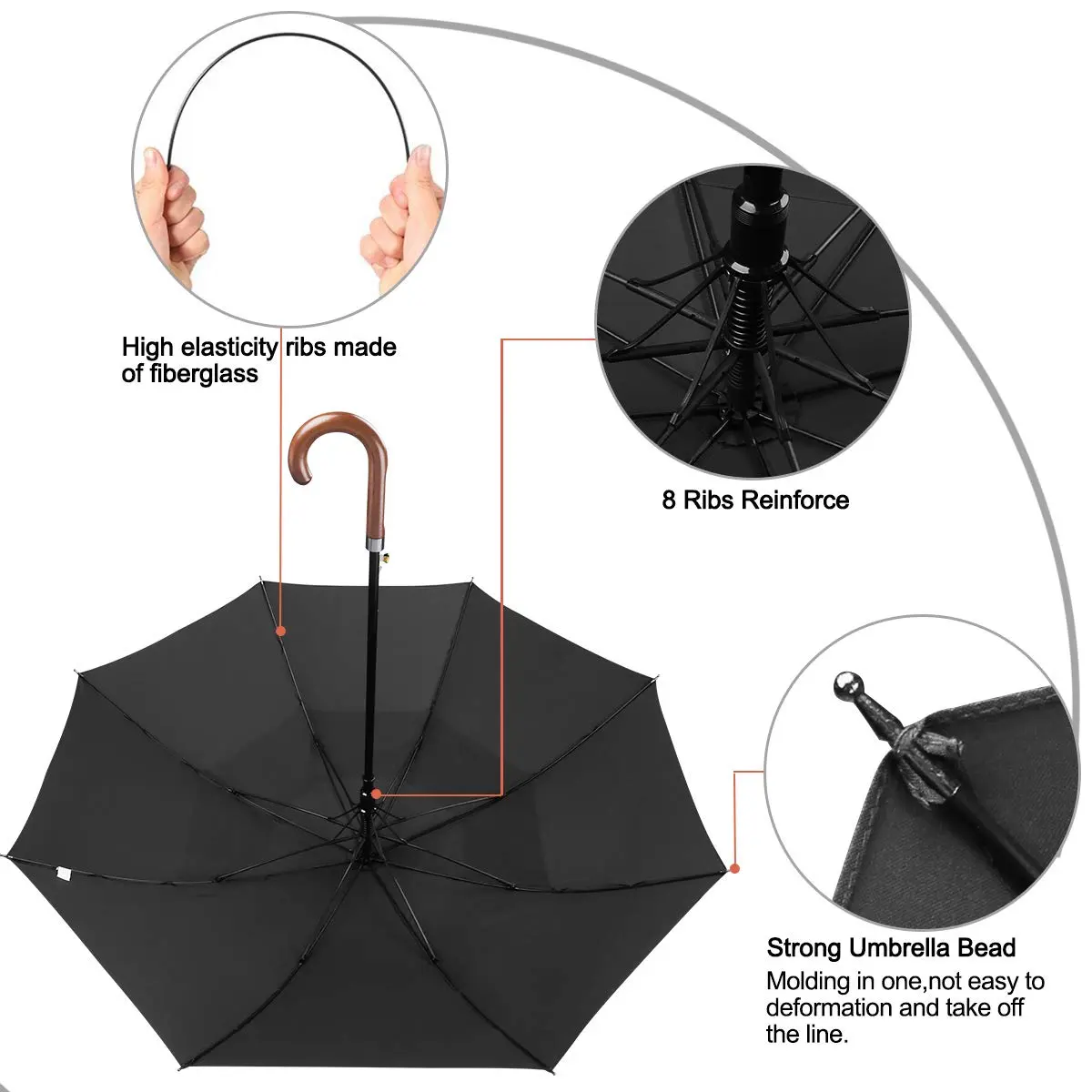 G4Free 62 Inch Golf Umbrella Windproof Large Stick Umbrella with Wooden J Handle and Fiberglass Frame | Auto Open, Vented Double Canopy - view 5