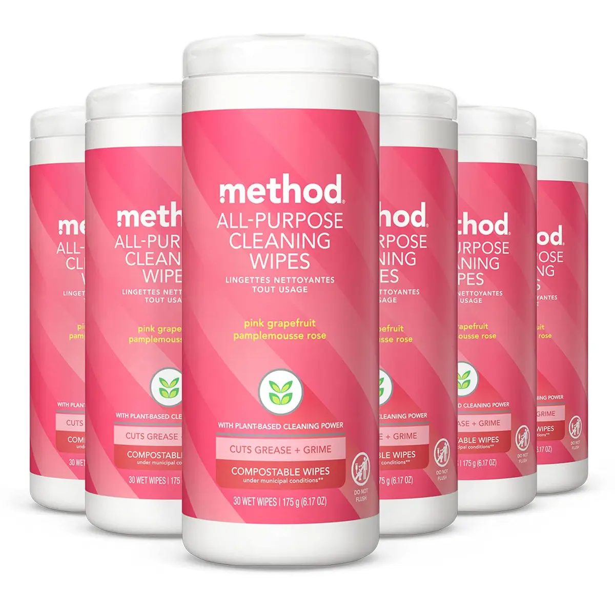 Method All-Purpose Cleaning Wipes, Pink Grapefruit, Multi-Surface, Compostable, 30 Count (Pack of 6) | Plant-Based, Biodegradable, 180 Wipes - main product image