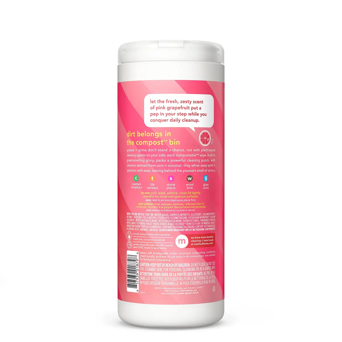Method All-Purpose Cleaning Wipes, Pink Grapefruit, Multi-Surface, Compostable, 30 Count (Pack of 6) | Plant-Based, Biodegradable, 180 Wipes - view 2