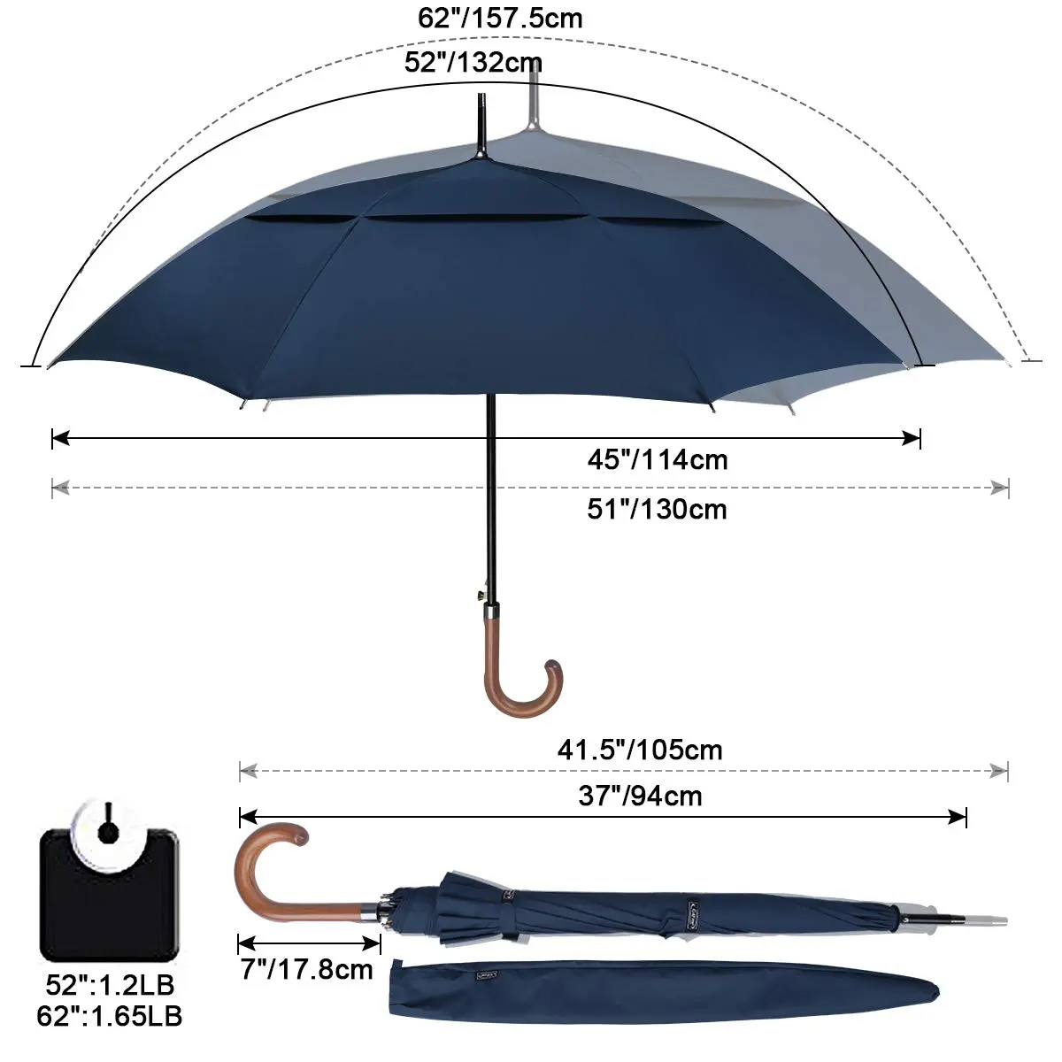 G4Free 62 Inch Golf Umbrella Windproof Large Stick Umbrella with Wooden J Handle | Fiberglass Ribs - view 4