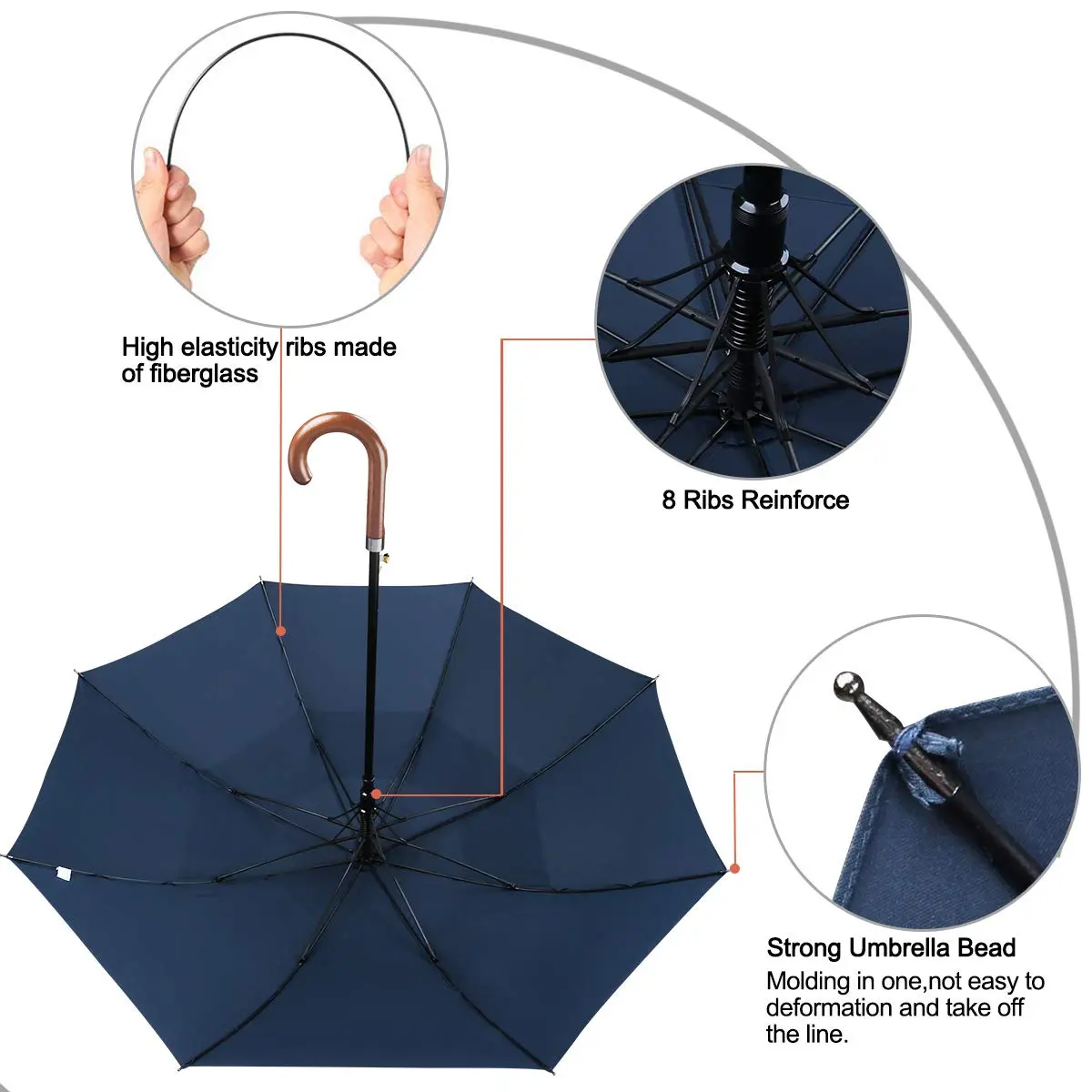 G4Free 62 Inch Golf Umbrella Windproof Large Stick Umbrella with Wooden J Handle | Fiberglass Ribs - view 5