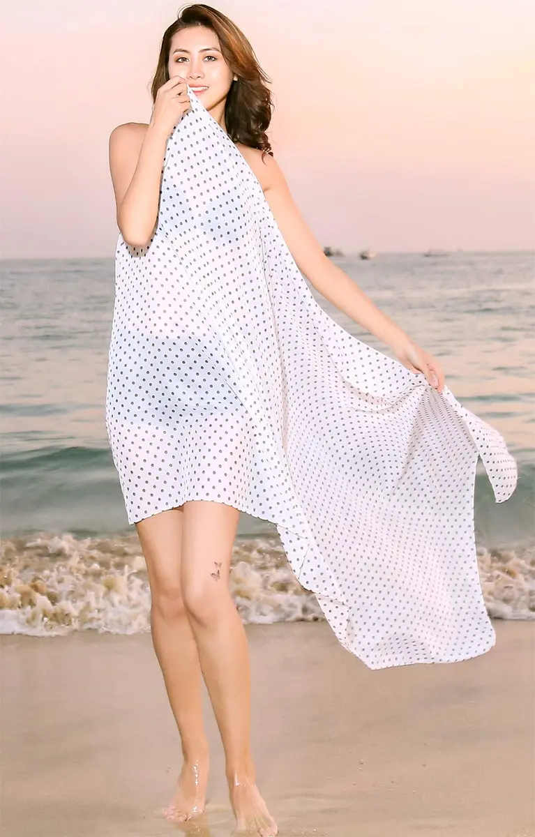 Block Garden Women's Swimsuit Cover up Sarong S07 White W Black Polka Dot | Lightweight Chiffon Beach Wrap - view 4