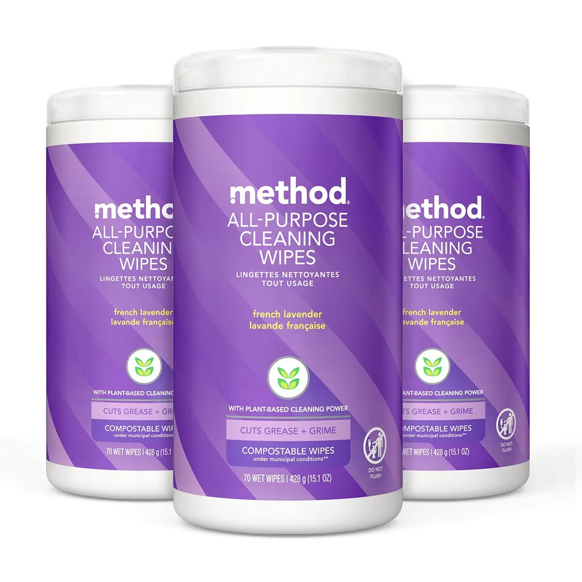 Method All-Purpose Cleaning Wipes, French Lavender, 70 Count | Compostable, Plant-Based, 3 Pack - main product image