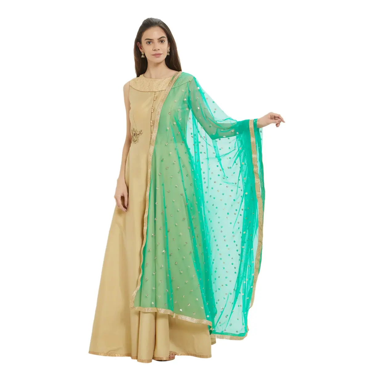 DUPATTA BAZAAR Embellished Green Net Dupatta 2.4m (7.87 ft) | Party & Festive Wear - main product image