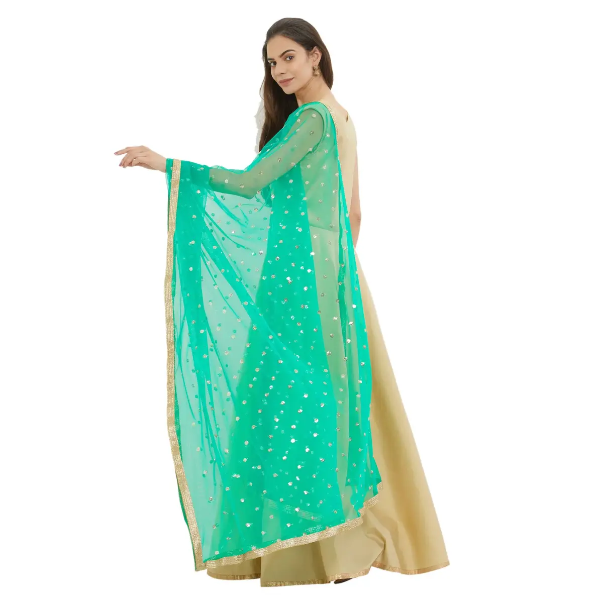 DUPATTA BAZAAR Embellished Green Net Dupatta 2.4m (7.87 ft) | Party & Festive Wear - view 2