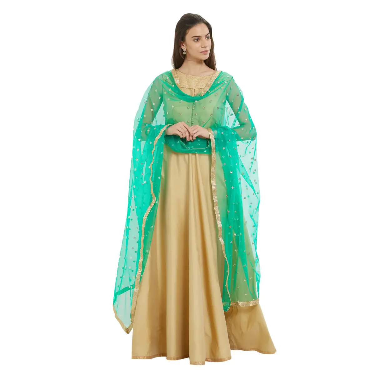 DUPATTA BAZAAR Embellished Green Net Dupatta 2.4m (7.87 ft) | Party & Festive Wear - view 3