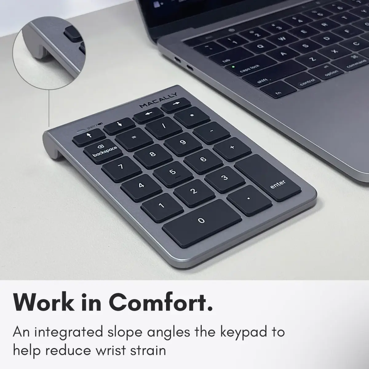 Macally BTNUMKEY22 Bluetooth Number Pad for Laptop - Wireless Numeric Keypad with Arrow Keys & Function Keys - Space Grey (13.2cm x 9cm x 1.7cm) - view 5