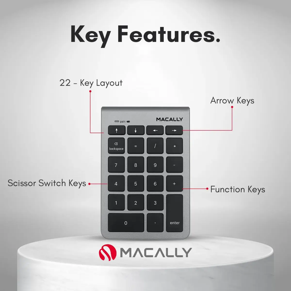 Macally BTNUMKEY22 Bluetooth Number Pad for Laptop - Wireless Numeric Keypad with Arrow Keys & Function Keys - Space Grey (13.2cm x 9cm x 1.7cm) - view 3
