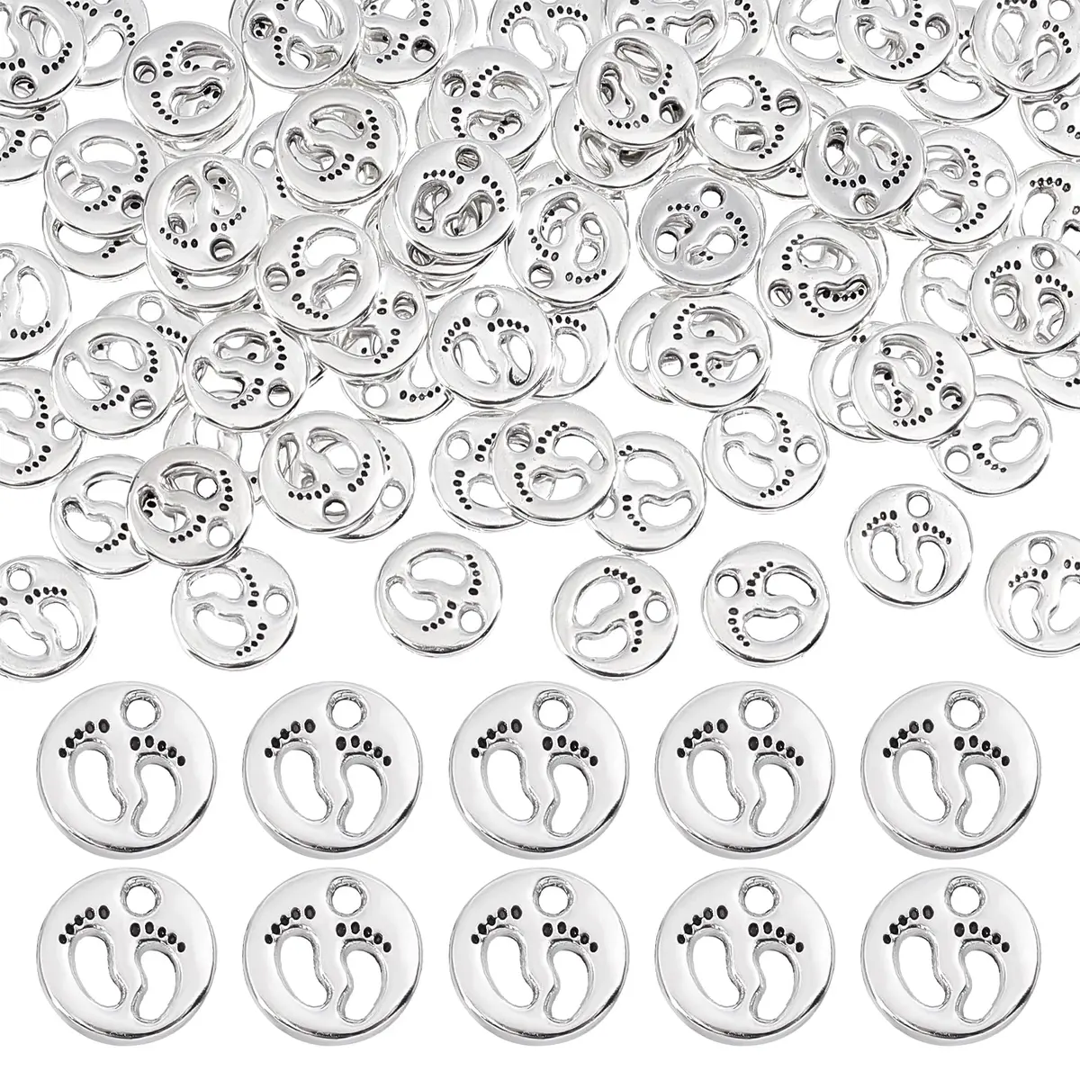 PH PandaHall 80pcs Footprint Charms Tibetan Style Silver Diameter 11mm | Baby First Step Pendant - main product image