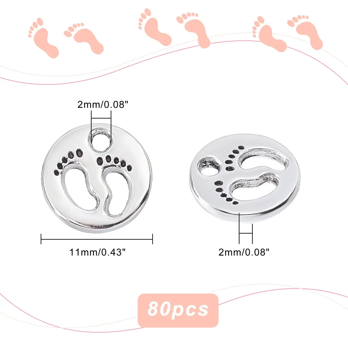 PH PandaHall 80pcs Footprint Charms Tibetan Style Silver Diameter 11mm | Baby First Step Pendant - view 3