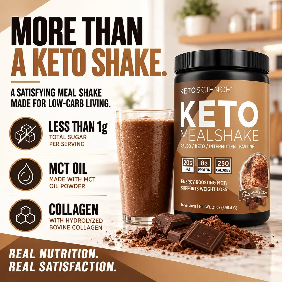 Keto Science Keto Shake Powder – Chocolate | Meal Replacement with MCT Oil & Collagen (20.49 oz) - view 9