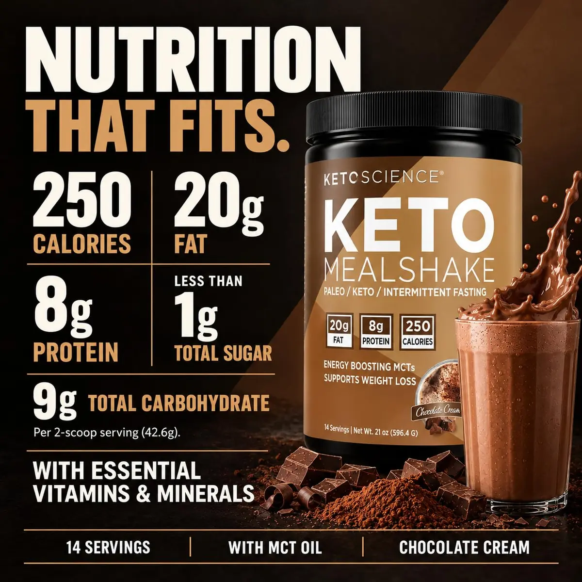Keto Science Keto Shake Powder – Chocolate | Meal Replacement with MCT Oil & Collagen (20.49 oz) - view 4