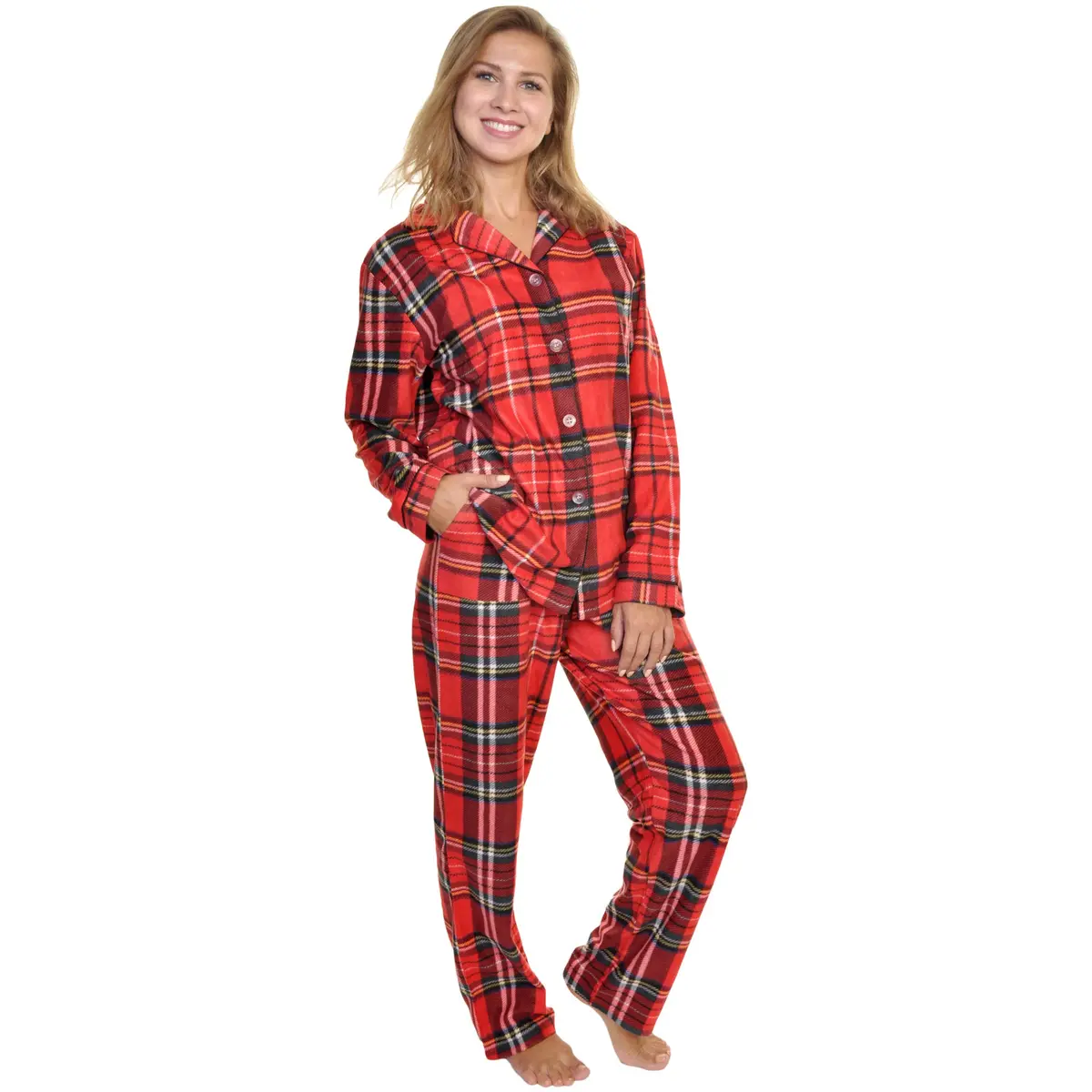 Angelina Women's Pajama Set Cozy Fleece with Notch Collar and Pockets | PJ56_L | Holiday Christmas Plaid - main product image