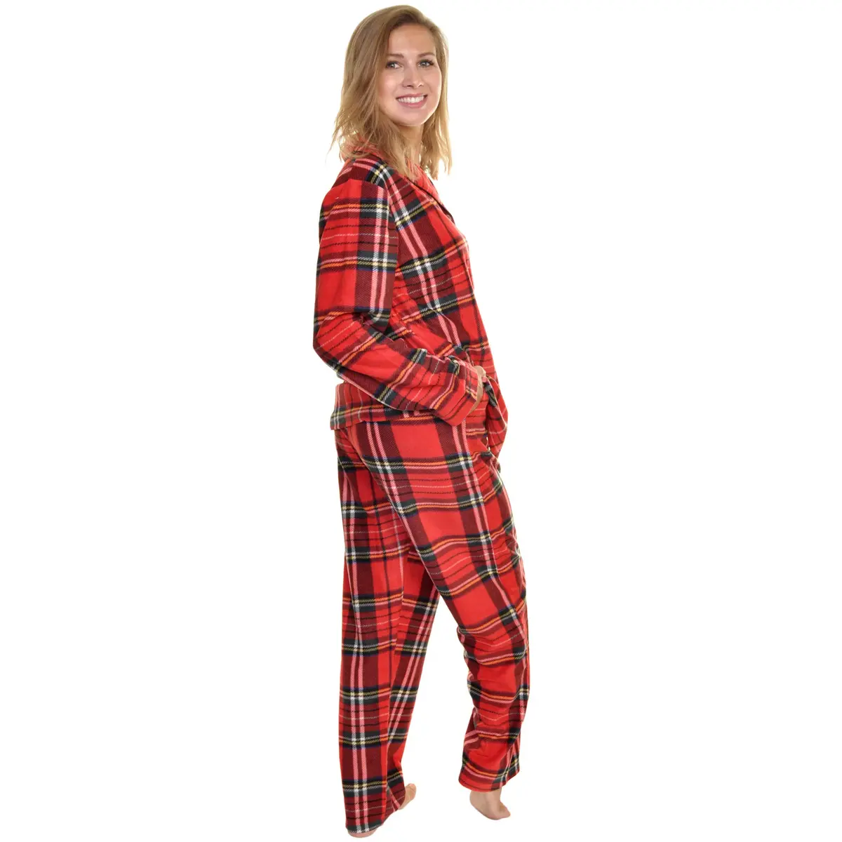 Angelina Women's Pajama Set Cozy Fleece with Notch Collar and Pockets | PJ56_L | Holiday Christmas Plaid - view 2
