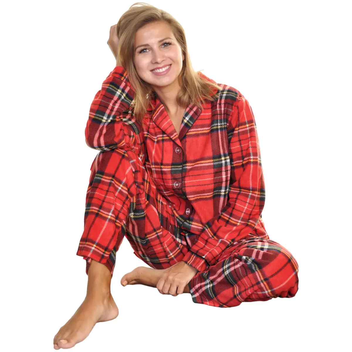 Angelina Women's Pajama Set Cozy Fleece with Notch Collar and Pockets | PJ56_L | Holiday Christmas Plaid - view 3