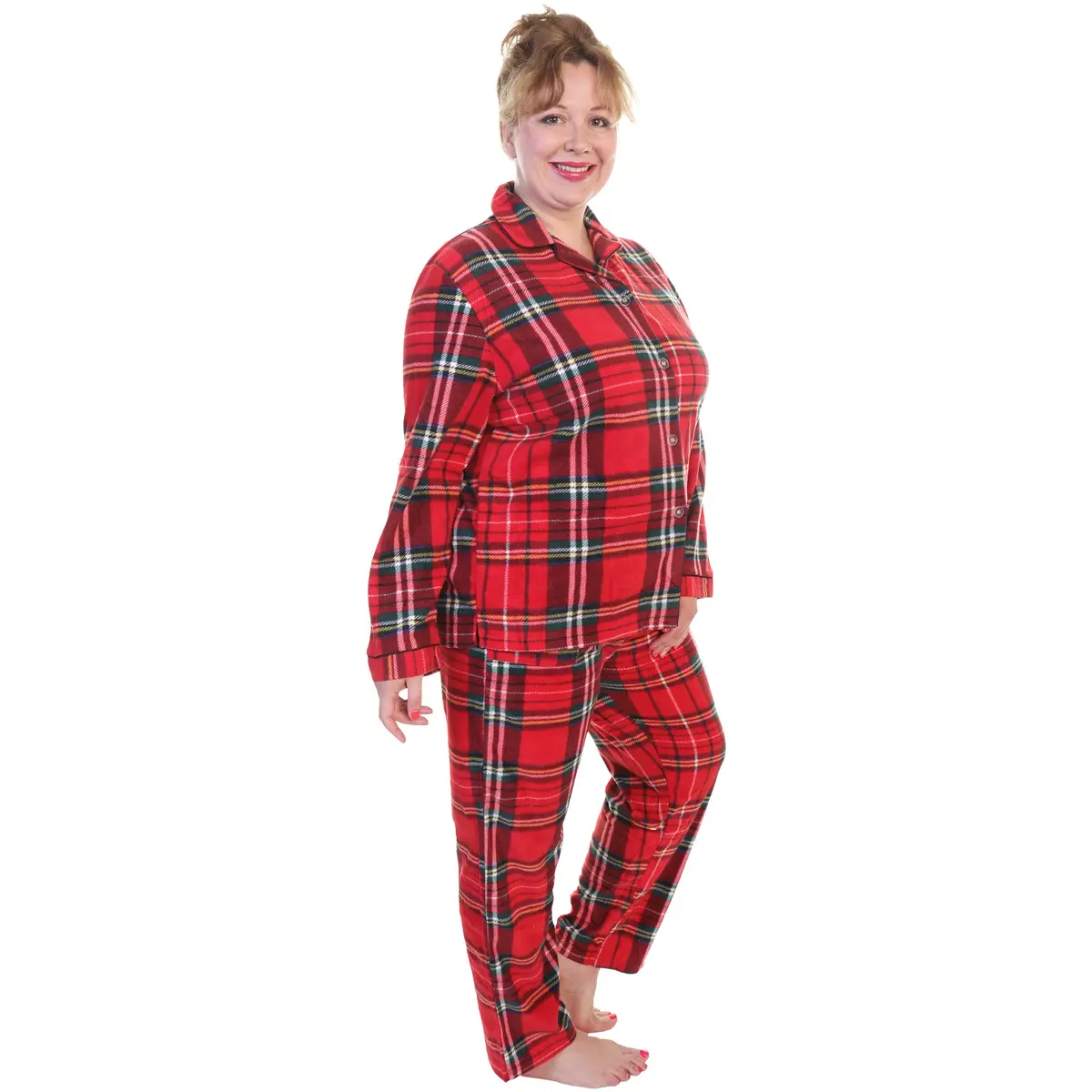 Angelina Women's Pajama Set Cozy Fleece with Notch Collar and Pockets | PJ56_L | Holiday Christmas Plaid - view 4