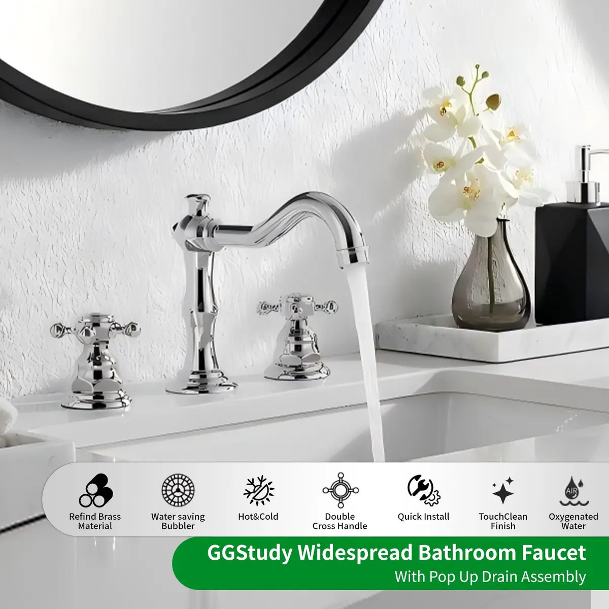 GGStudy Two Handles Three Holes Bathroom Sink Faucet Chrome 8-16 inch | Widespread 3-Hole Design - view 2