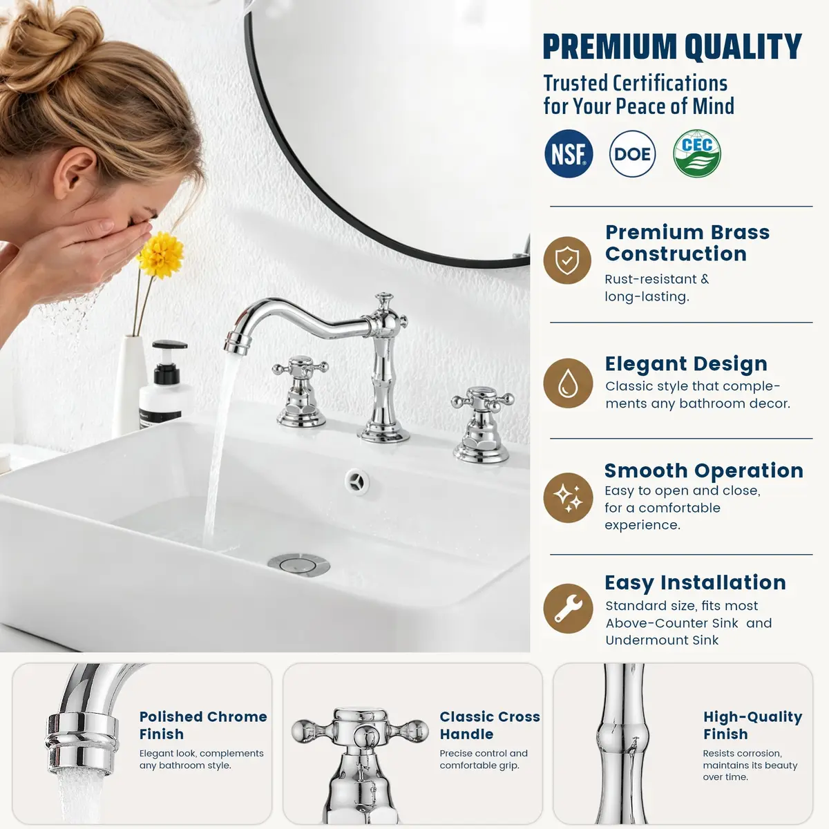 GGStudy Two Handles Three Holes Bathroom Sink Faucet Chrome 8-16 inch | Widespread 3-Hole Design - view 3