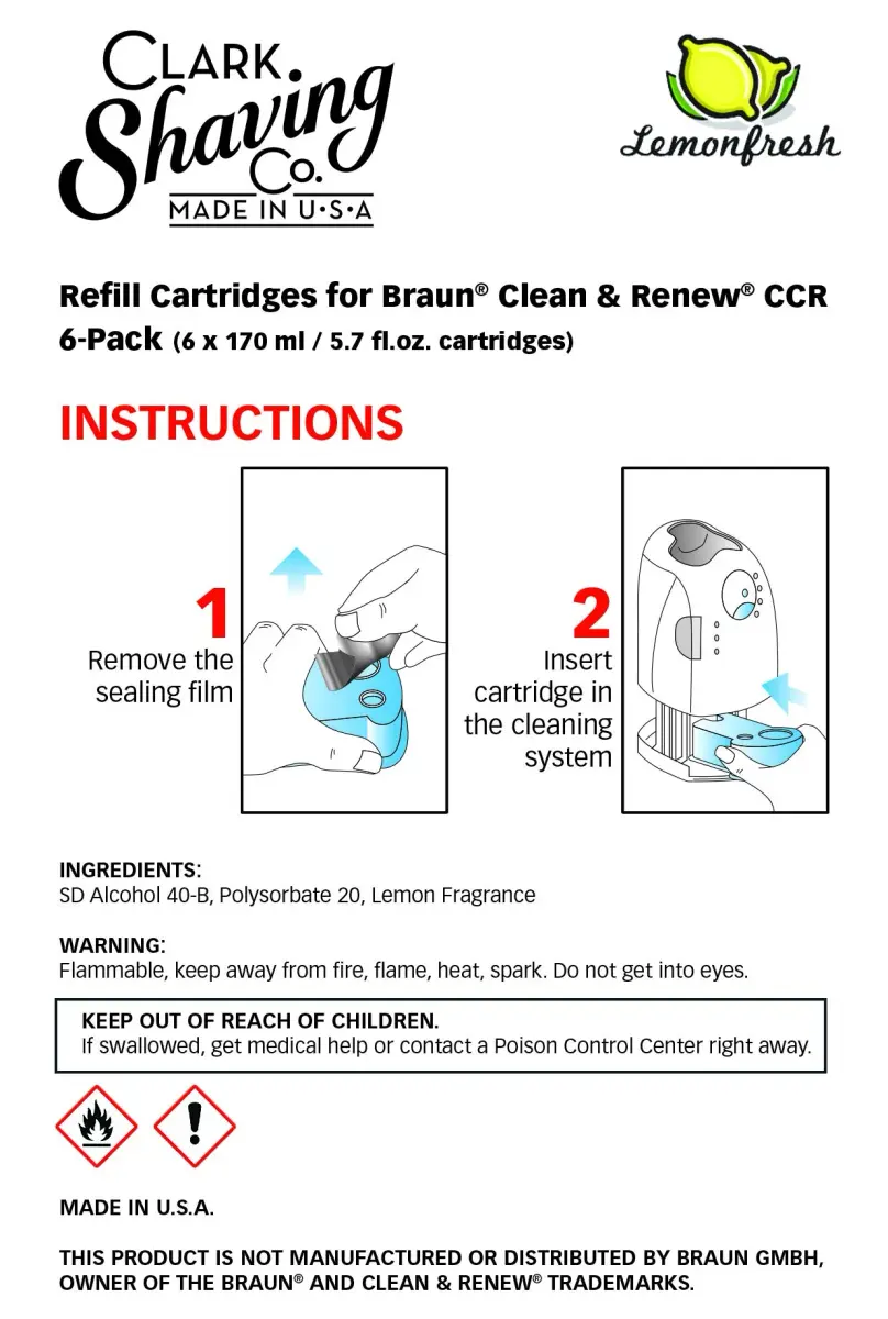 Clark Shaving Co. Clean & Renew Refill Cartridges for Braun Shavers, 6-Pack | Lemon Fresh Alcohol-Based Cleaning Solution - view 2