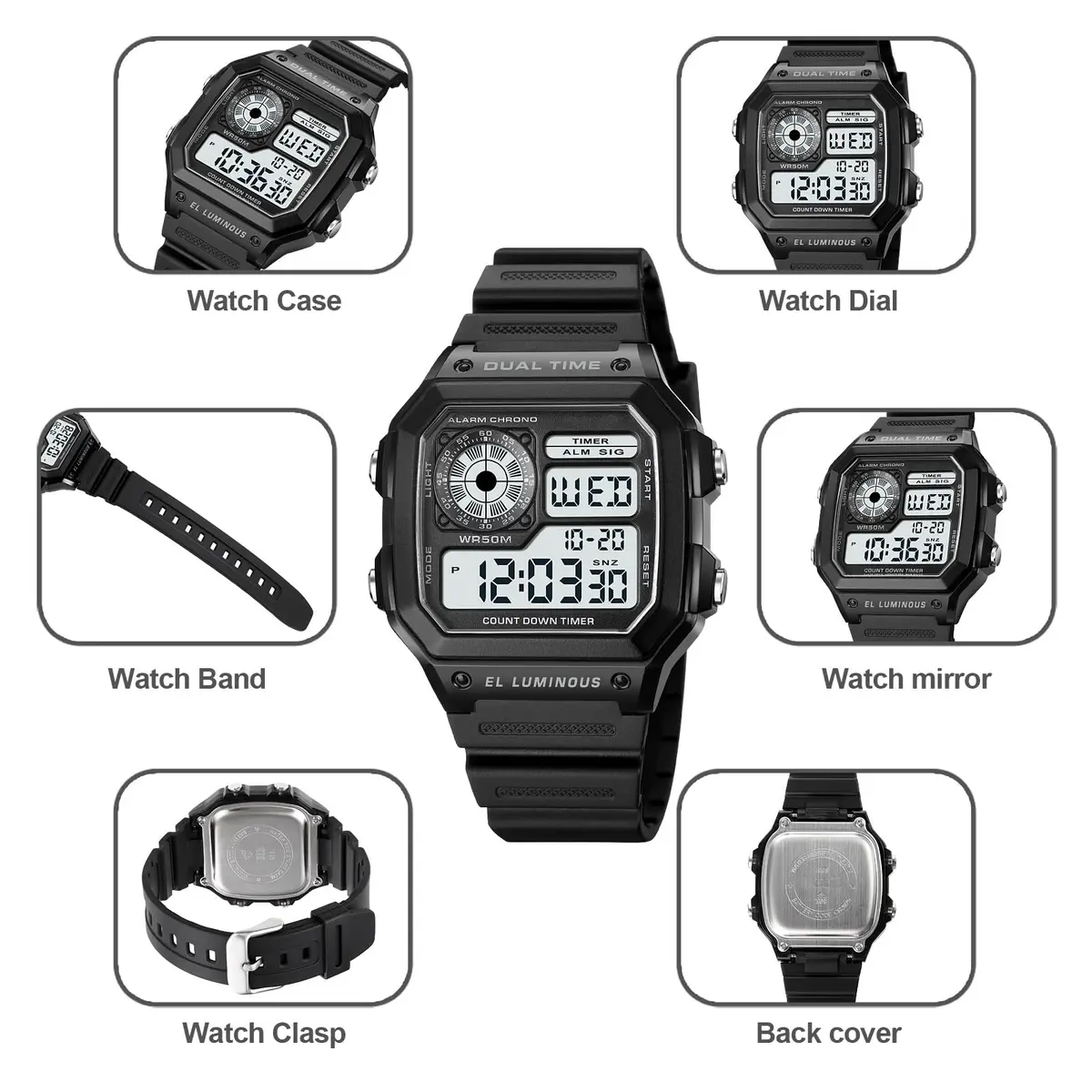 PASOY Men's Digital Sport Watch 43mm (1.7 inch) Dual Time Stopwatch Countdown | 50M Water Resistant Sport Watch - view 6