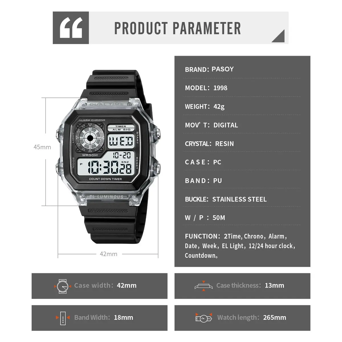 PASOY Men's Digital Sport Watch 43mm (1.7 inch) Dual Time Stopwatch Countdown | 50M Water Resistant Sport Watch - view 7
