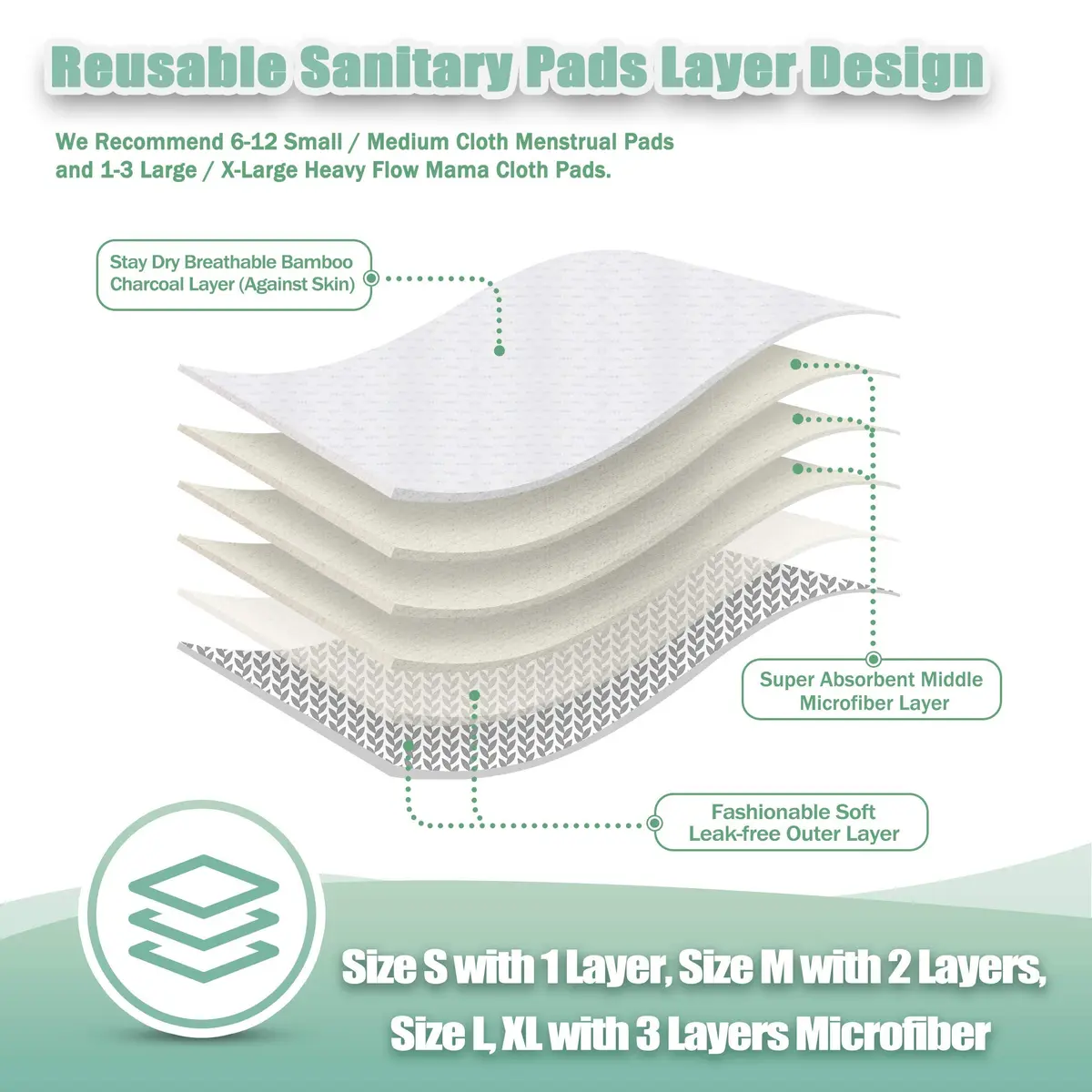 wegreeco Charcoal Reusable Menstrual Pads - 6 Pack | Leak-Free, Soft Cloth, Heavy Flow Suitable - view 3