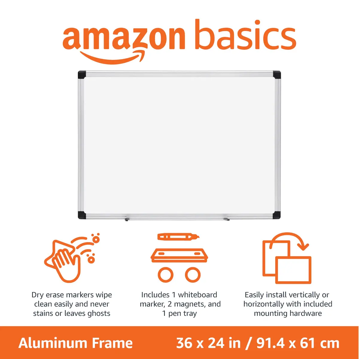 Amazon Basics Magnetic Dry Erase Whiteboard 36"W x 24"H Aluminum Frame | Smooth Surface for Office & Home Use - view 2