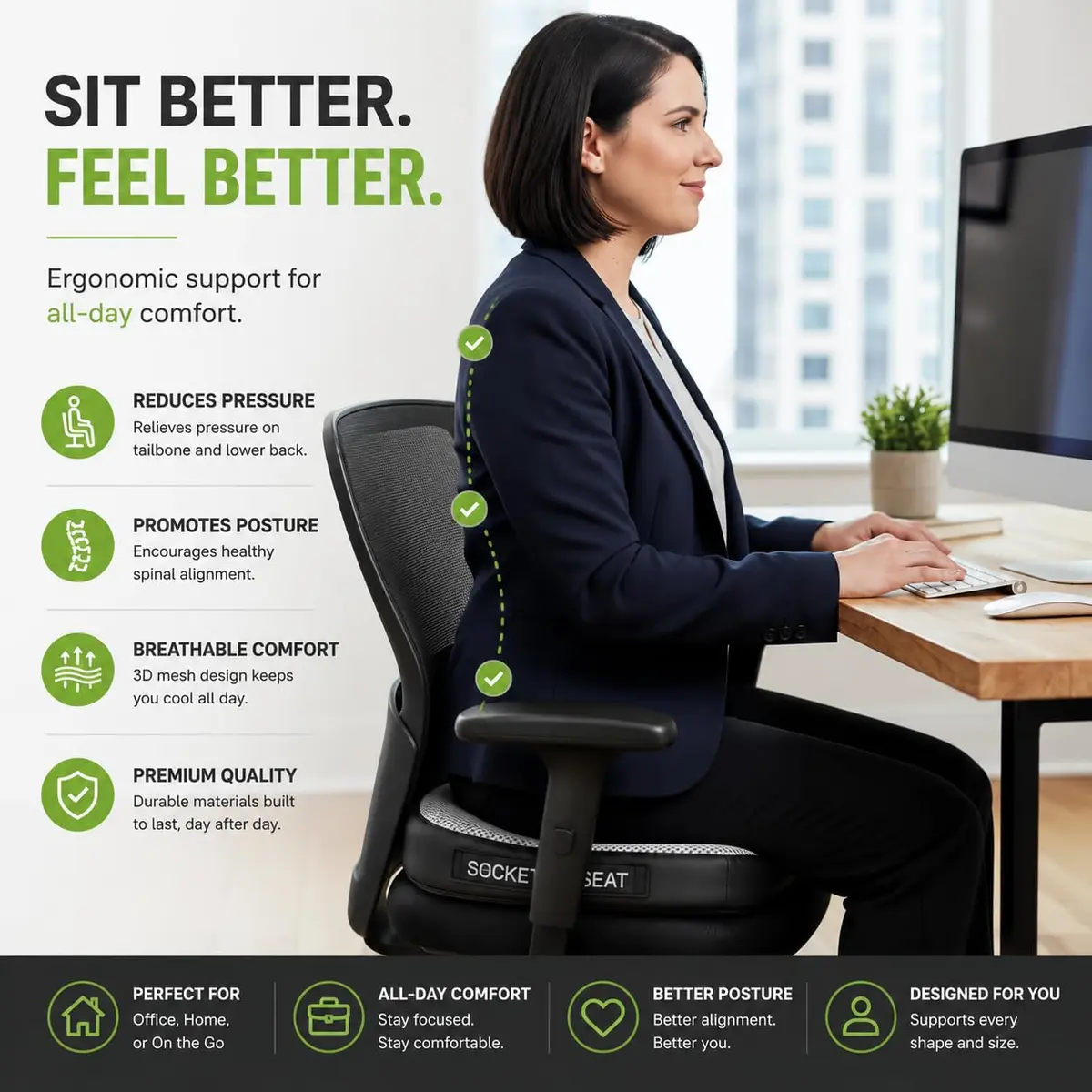 Aylio Socket Seat Cushion – Twin Cutout Sit Bone & Tailbone Pressure Relief 46cm (18.5") x 37cm (14.5") x 6cm (2.5") | Firm High-Density Memory Foam for Office, Car, Gaming - view 5