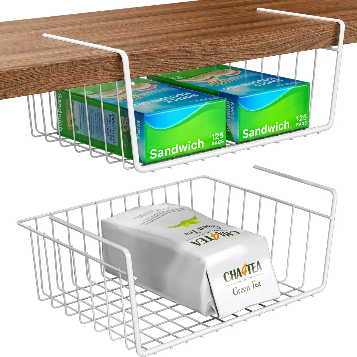 Simple Houseware 2-Pack Under Shelf Wire Metal Basket Shelf, White | Space-Saving Kitchen Organizer - main product image