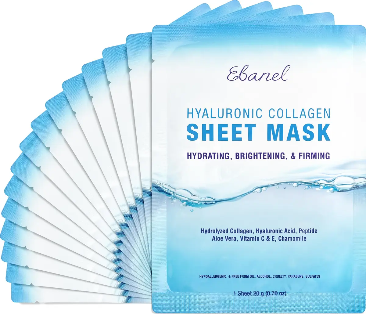 Ebanel Collagen Face Mask with Hyaluronic Acid & Vitamin C | Hydrating, Brightening & Firming Sheet Mask for Sensitive Skin, 15-Pack - main product image