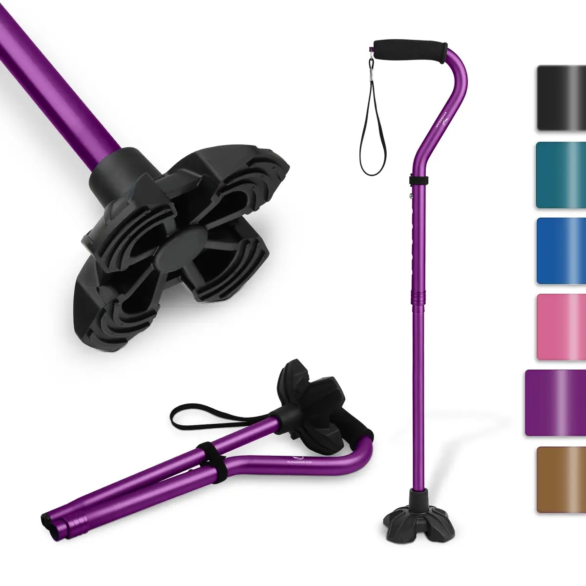 KINGGEAR Self Standing Quad Cane with Offset Handle 31-36" | Lightweight Aluminum Mobility Aid - main product image