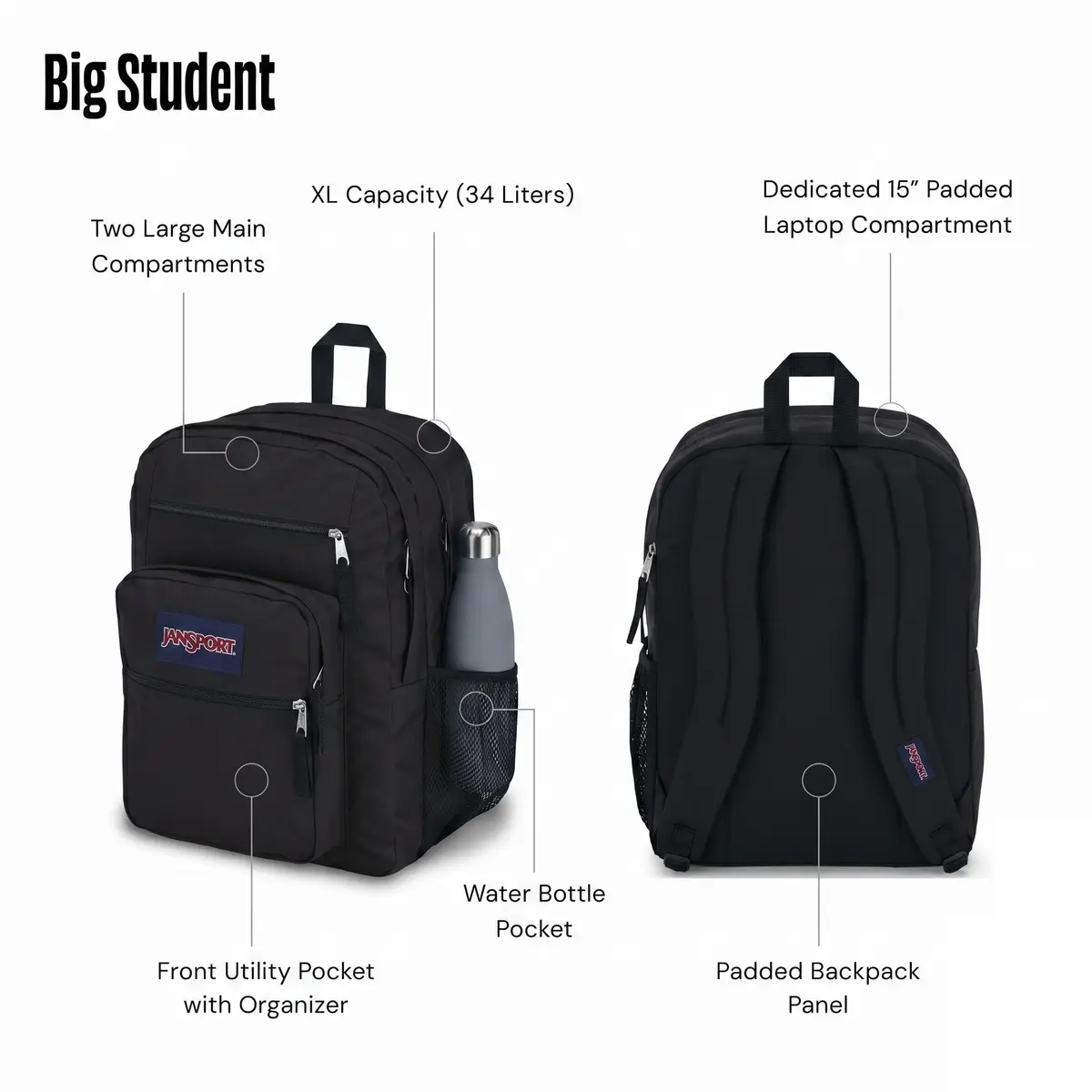 JanSport Big Student Black Laptop Backpack 34L (1.2 cu ft) | Durable & Spacious for School, Work, Travel - view 4