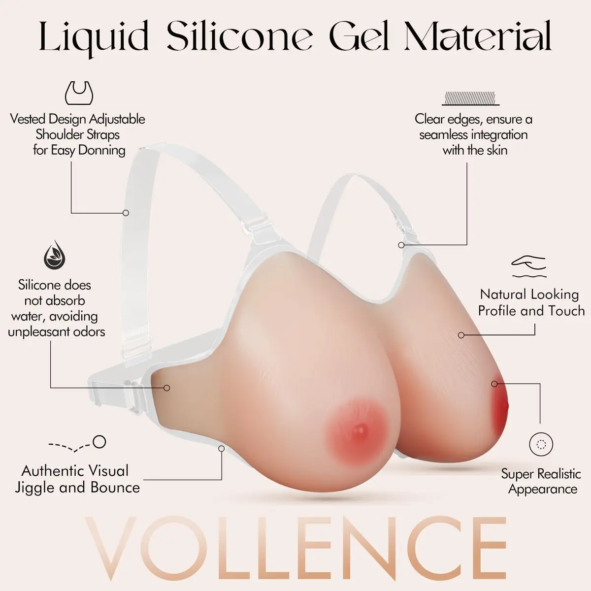 Vollence Silicone Breast Forms for Mastectomy, B-G Cup | Realistic, Adjustable Straps, 600-2800g - view 2