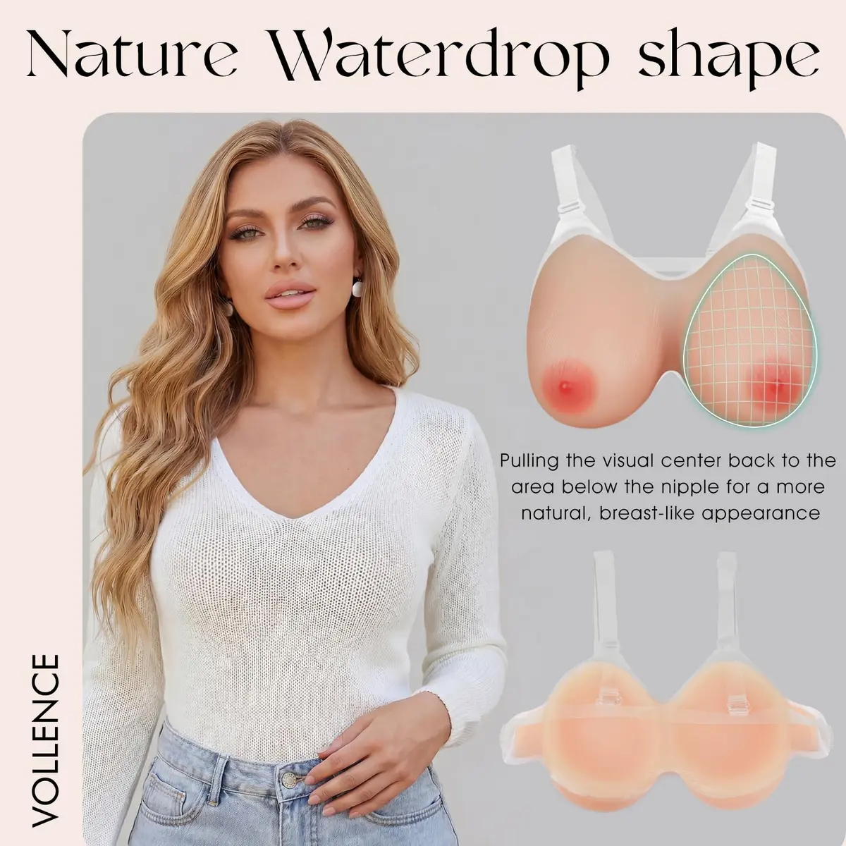 Vollence Silicone Breast Forms for Mastectomy, B-G Cup | Realistic, Adjustable Straps, 600-2800g - view 3