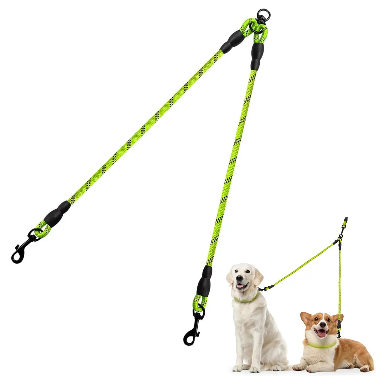 Taglory Double Dog Leash Coupler for Two Dogs, 30 Inch (76.2 cm) Green | Tangle-Free Walks with Reflective Rope - main product image