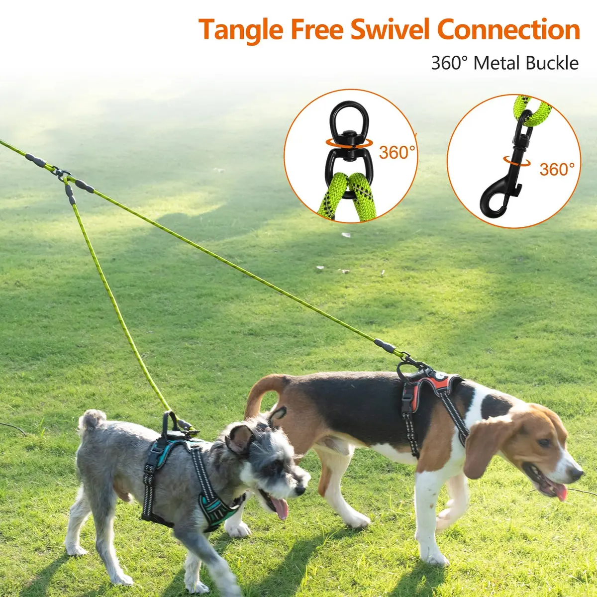 Taglory Double Dog Leash Coupler for Two Dogs, 30 Inch (76.2 cm) Green | Tangle-Free Walks with Reflective Rope - view 2