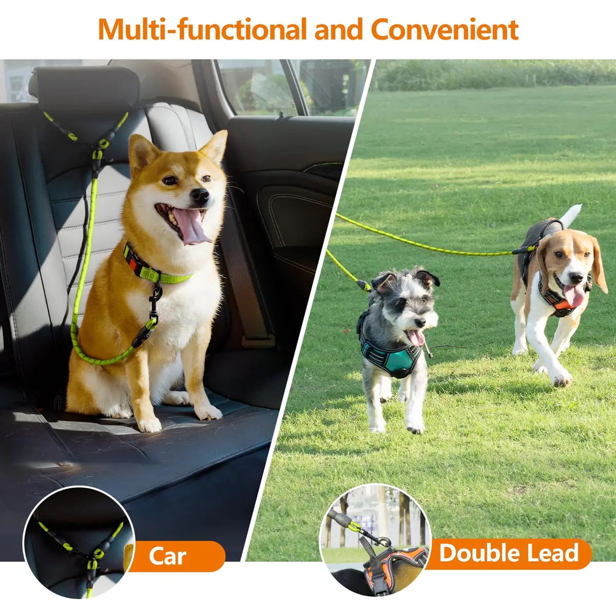 Taglory Double Dog Leash Coupler for Two Dogs, 30 Inch (76.2 cm) Green | Tangle-Free Walks with Reflective Rope - view 3