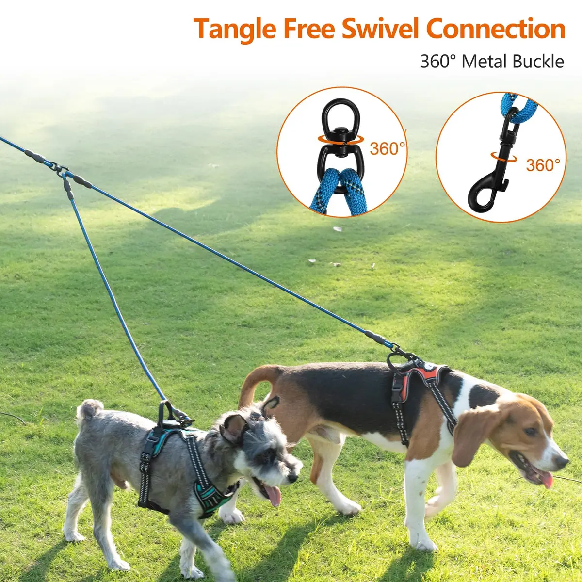 Taglory Blue Double Dog Leash Coupler 76.2cm (30 Inch) | Tangle-Free Swivel for Small & Medium Dogs - view 2