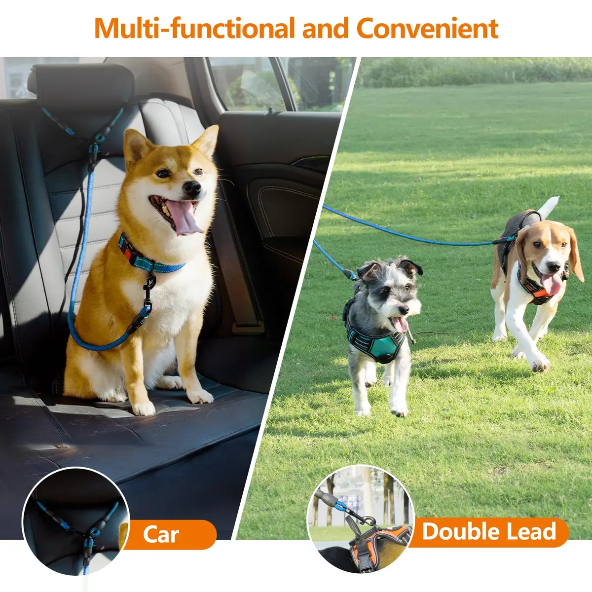 Taglory Blue Double Dog Leash Coupler 76.2cm (30 Inch) | Tangle-Free Swivel for Small & Medium Dogs - view 3