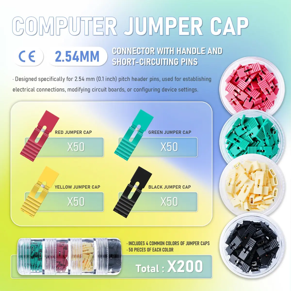 CQRobot 200 Pieces Jumper Caps with Handle Pin Short Circuit 2-Pin Connector | Suitable for Arduino Raspberry Pi Motherboard (5mm x 13.5mm, 4 Colors) - view 2