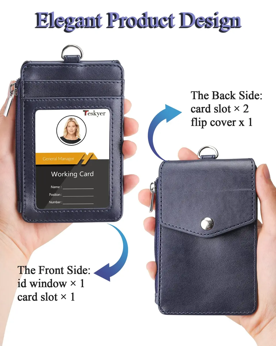 Teskyer Leather ID Badge Holder with Lanyard, Blue | 4 Card Slots, Zipper Closure, Premium PU Leather - view 4