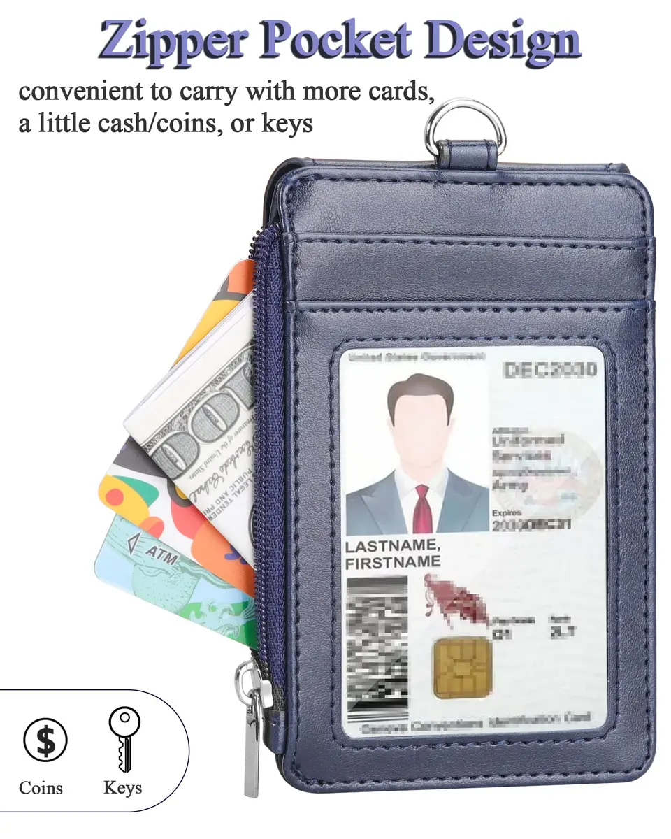 Teskyer Leather ID Badge Holder with Lanyard, Blue | 4 Card Slots, Zipper Closure, Premium PU Leather - view 6