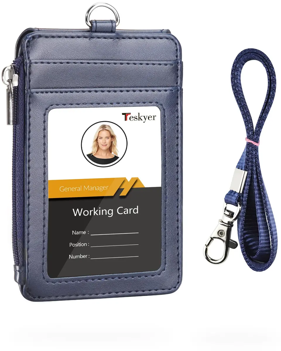 Teskyer Leather ID Badge Holder with Lanyard, Blue | 4 Card Slots, Zipper Closure, Premium PU Leather - main product image
