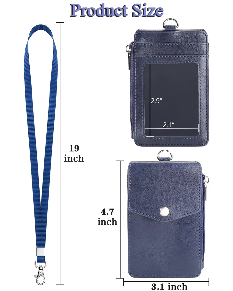 Teskyer Leather ID Badge Holder with Lanyard, Blue | 4 Card Slots, Zipper Closure, Premium PU Leather - view 7