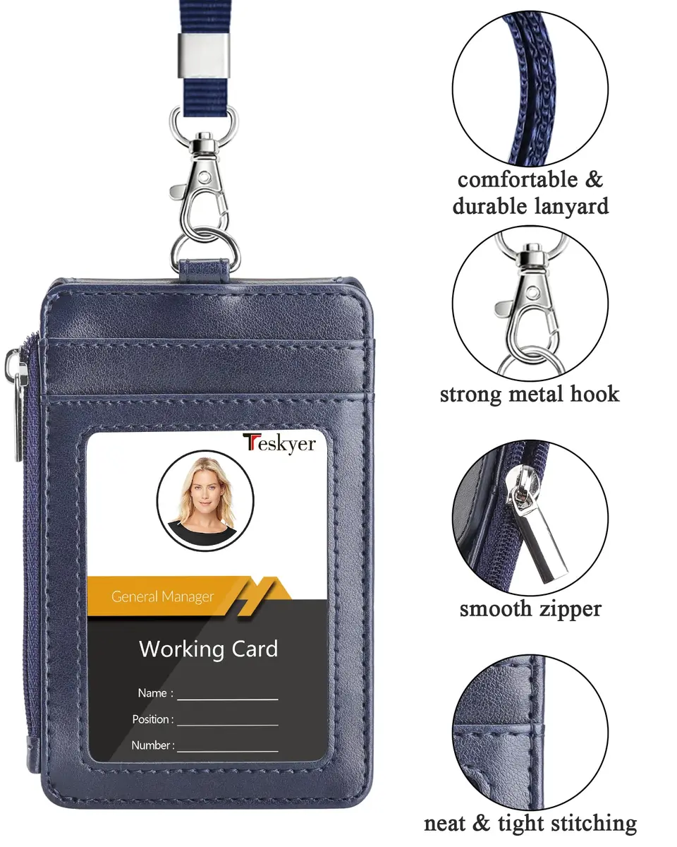 Teskyer Leather ID Badge Holder with Lanyard, Blue | 4 Card Slots, Zipper Closure, Premium PU Leather - view 3
