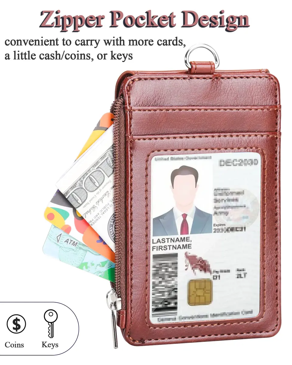 Teskyer Leather ID Badge Holder with Lanyard, Brown | Multiple Card Slots & Zip Pocket - view 6